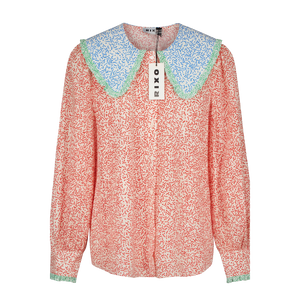 RIXO Squiggle Red Mix Long Sleeved Blouse With Frill Collar UK 10