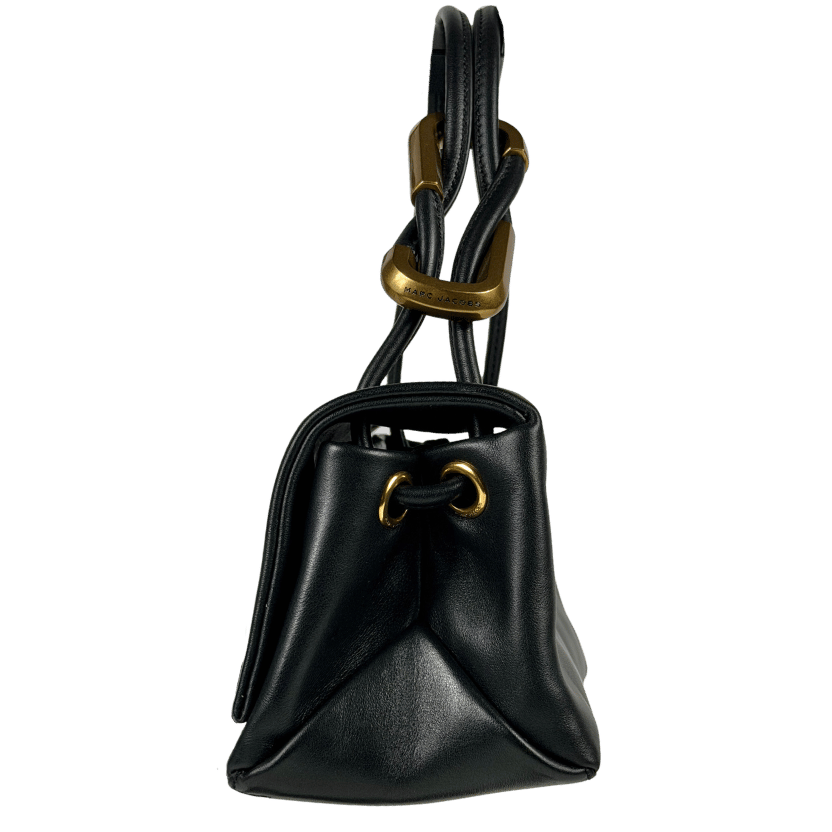 MARC JACOBS Black Leather / Antique Gold The Mini Dual Top Handle Bag