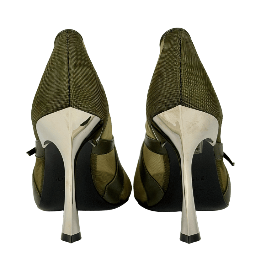 Mugler Green Leather And Mesh Mary Jane Sculptural Heel Shoes UK 7 EU 40 👠