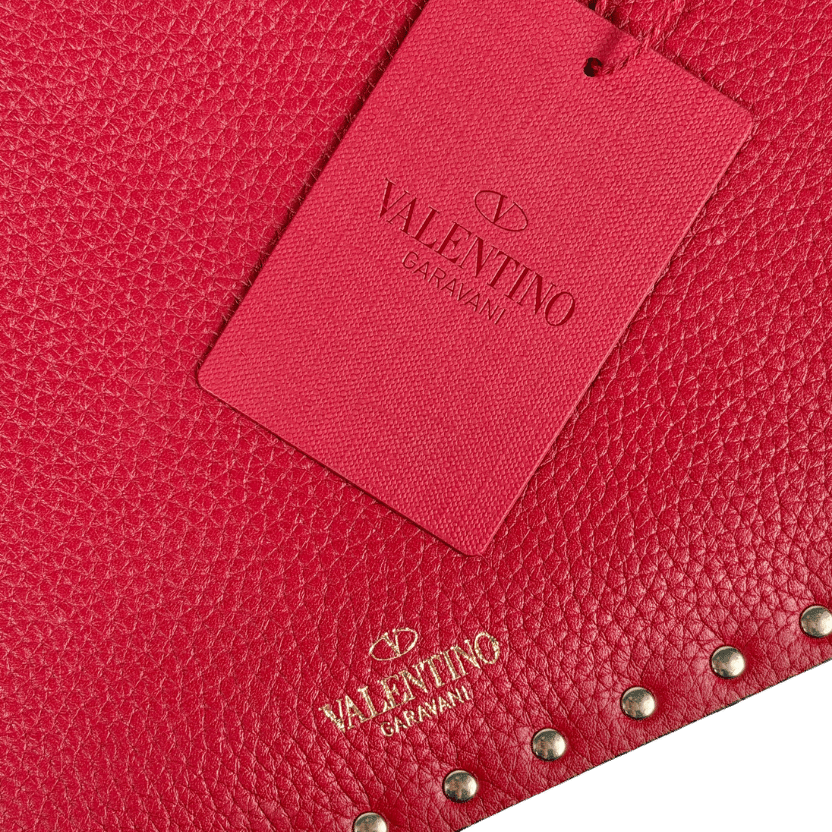 VALENTINO GARAVANI Large Grained Leather Rockstud Zip Pouch Clutch Bag - Red / Gold