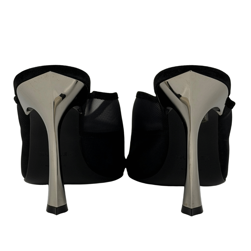 MUGLER Black 95mm Fang Mesh & Suede Sculptural Heel Mules UK 7 EU 40 👠