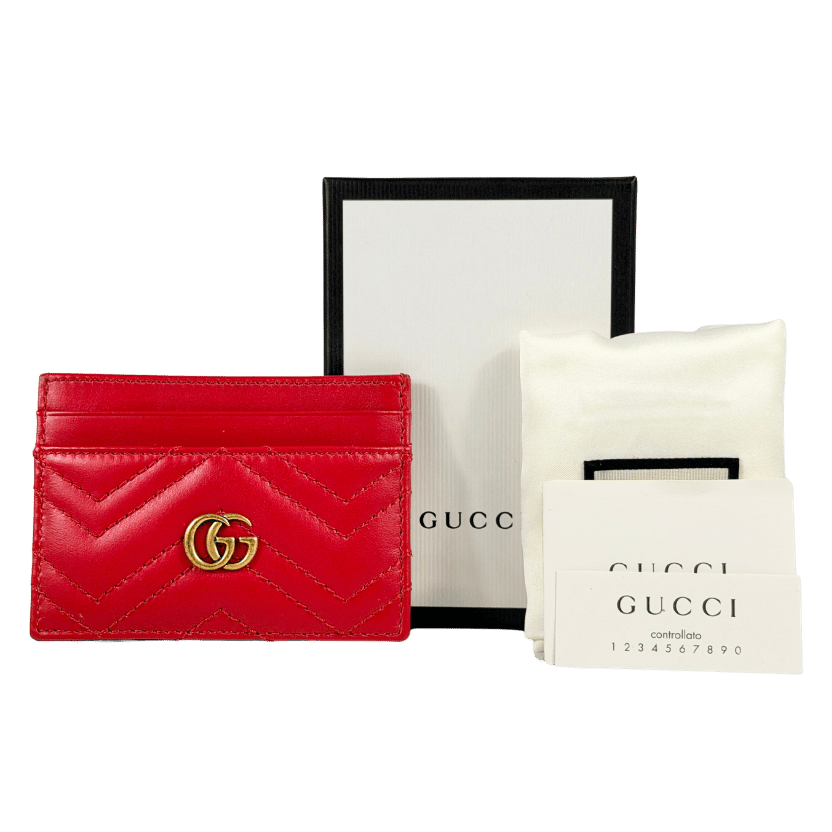 GUCCI Red/ Gold  Quilted Chevron Nappa Leather GG Marmont Card Case
