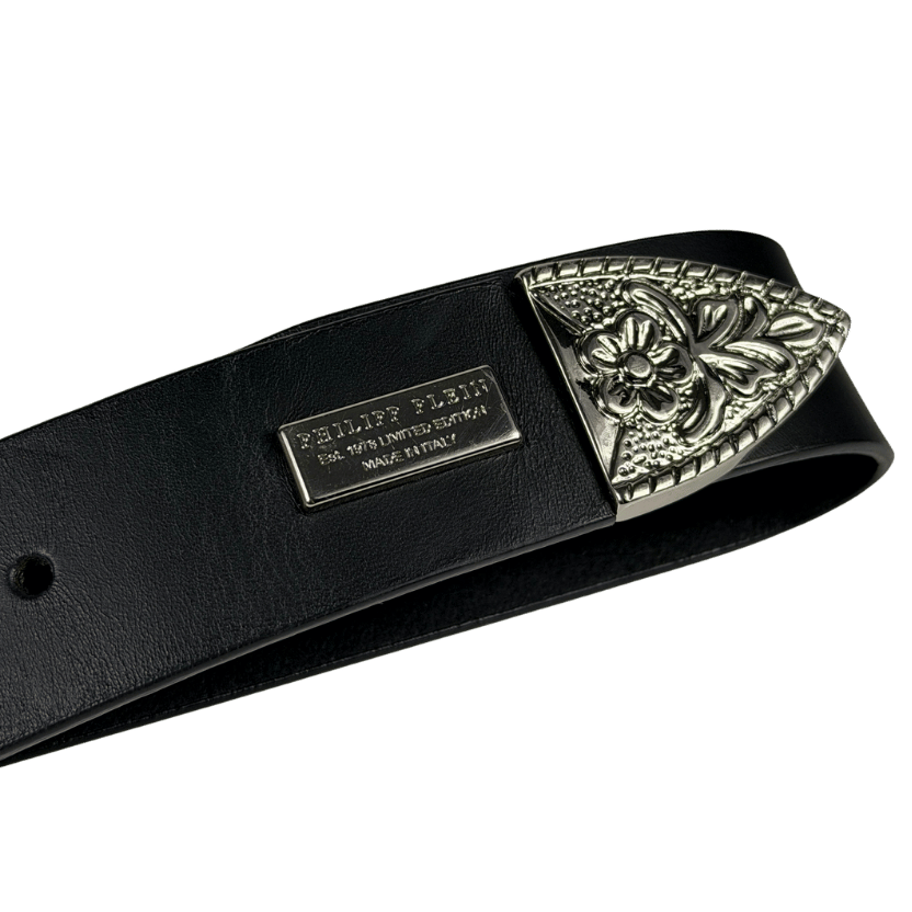 phillip plein Black Floral Design Buckle Belt One Size