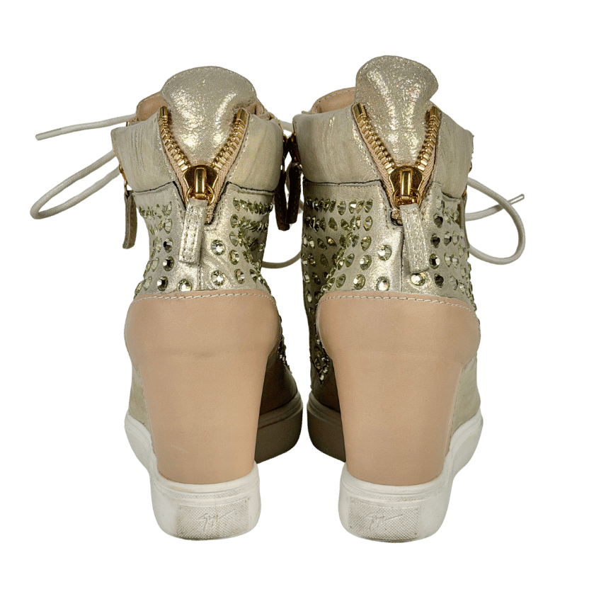 Giuseppe Zanotti Gold/beige Crystal Embellished Wedge Trainer UK 7 EU 40