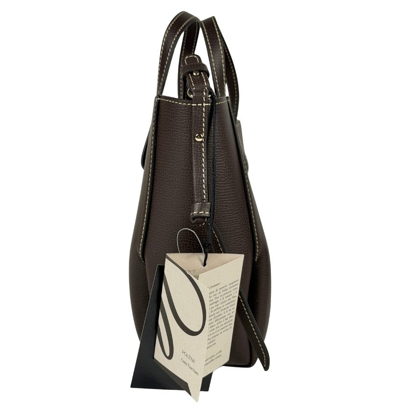 POLENE Dark Brown Textured Leather Cyme Nano Tote With Crossbody Strap
