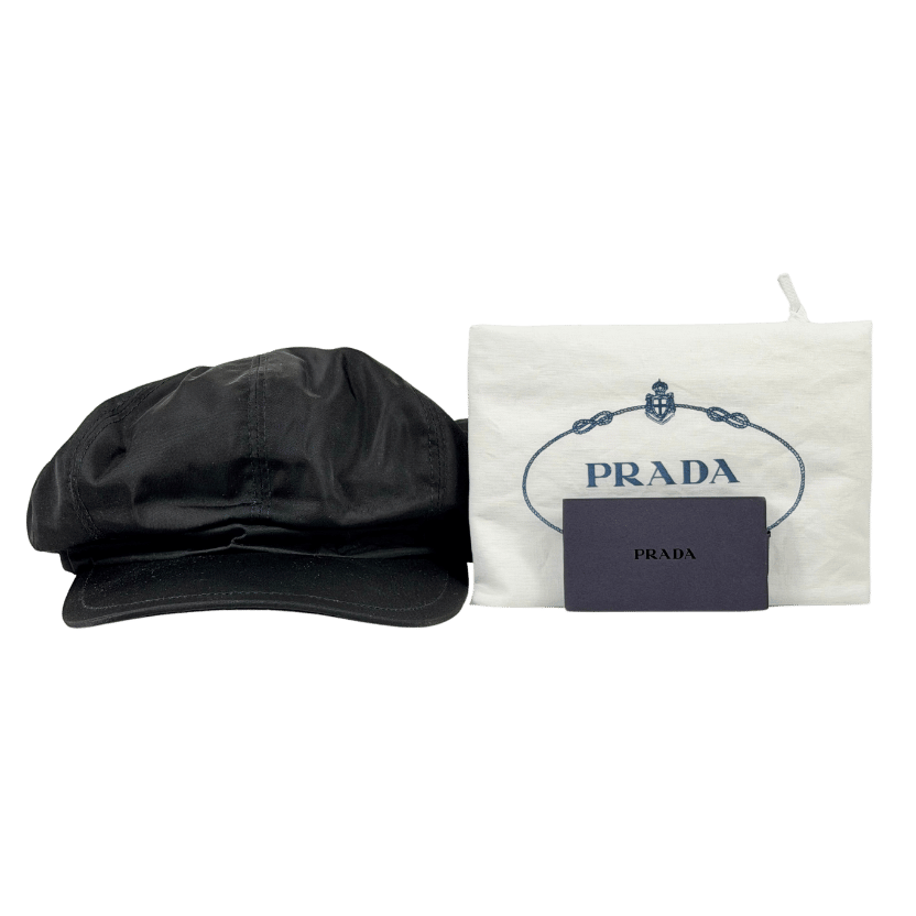 PRADA Black Re-nylon Newsboy Cap With Iconic Triangle Logo Plaque UK S