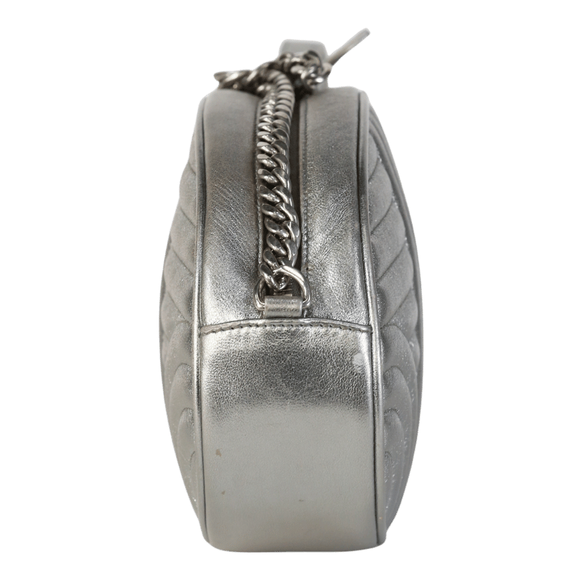 Prada Metallic Silver Diagramme Quilted Oval Crossbody Bag