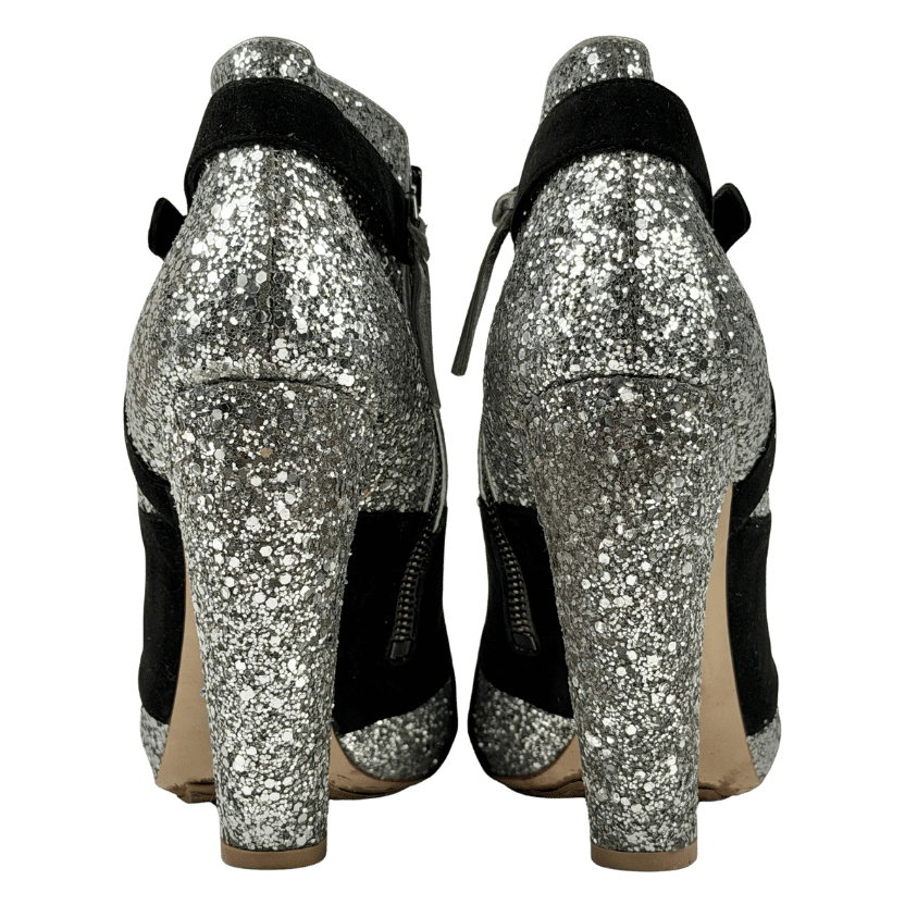 MIU MIU Black / Silver Runway Collection Glitter Suede Peep-toe Ankle Boots UK 8 EU 41 👠