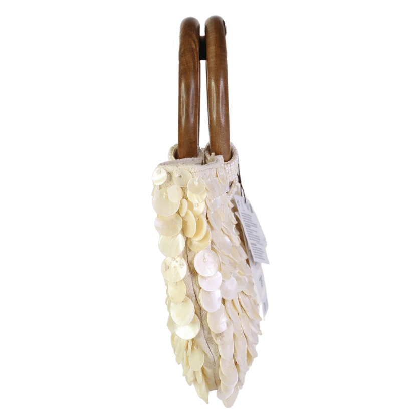 ZARA Cream Crteam Shell Embellished Bag With Wooden Handles And Gold Chain Strap One Size