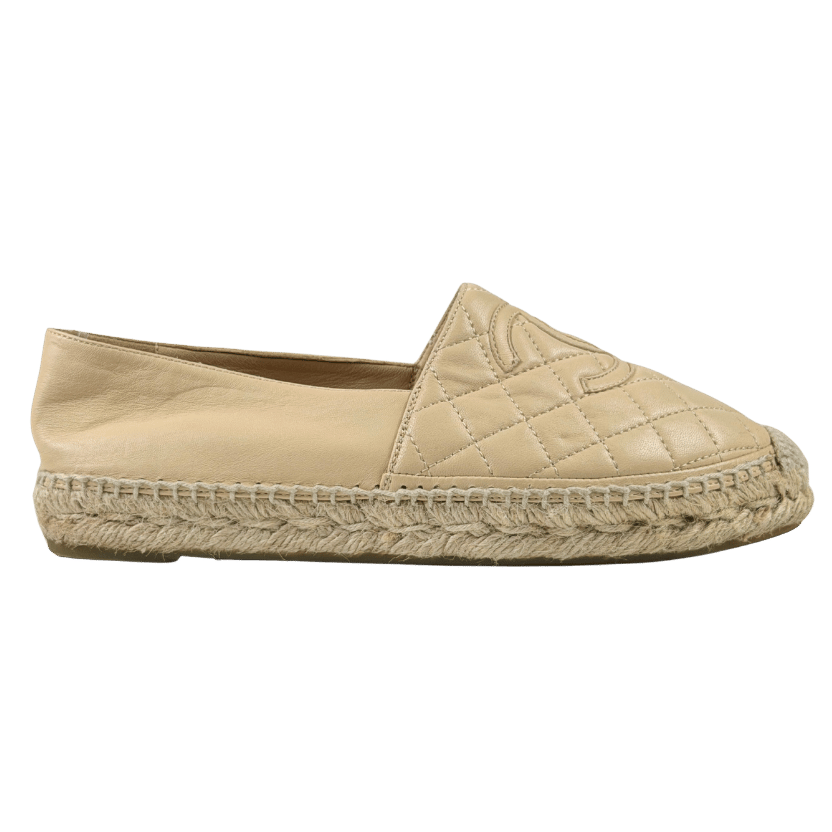 CHANEL Beige Leather Cc Quilted Espadrilles Flats UK 5 EU 38