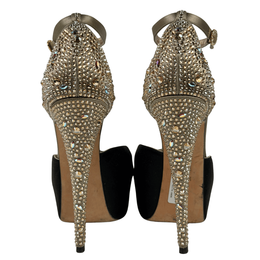 GINA Black / Gold Rhinestone-embellished Peep-toe Platform Pumps UK 7.5 EU 40.5 👠