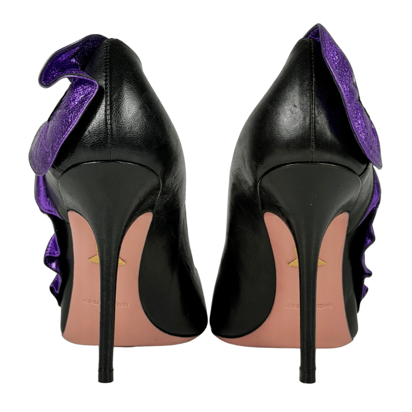 JF LONDON Black Leather Stiletto With Purple Frill Detail UK 6 EU 39 👠