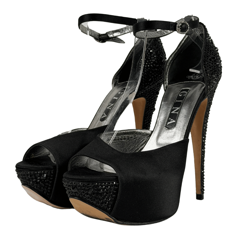 GINA Black Rhinestone-embellished Peep-toe Pumps UK 7 EU 40 👠