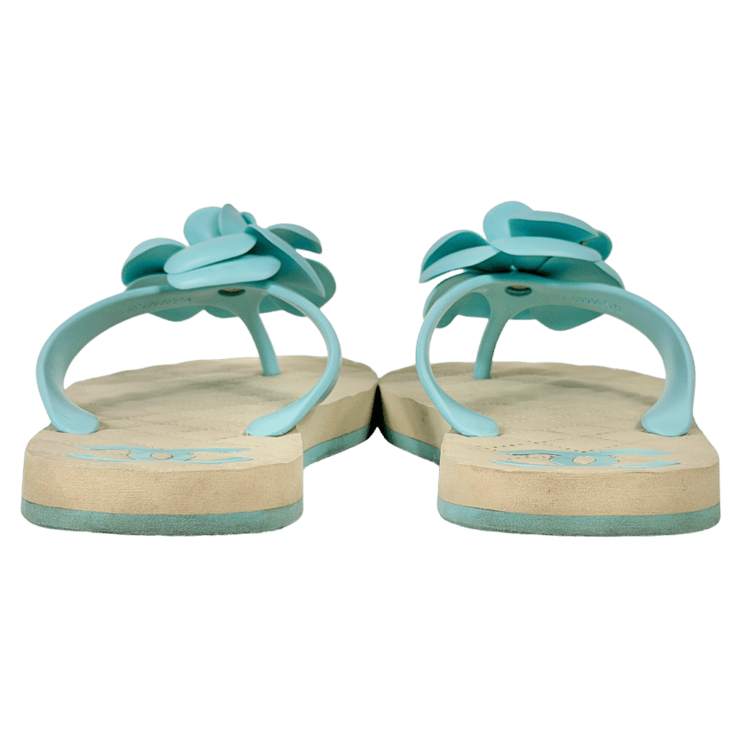 CHANEL Aqua Blue Camelia CC Flip Flops UK 6 EU 39