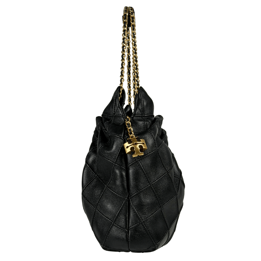TORY BURCH Black Leather Mini Fleming Soft Hobo Bag with Hanging Logo Charm