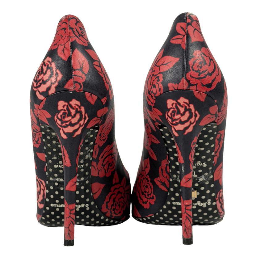 EMANUEL UNGARO Pink And Black Floral Print Pointed-toe Stiletto Shooes UK 7 EU 40