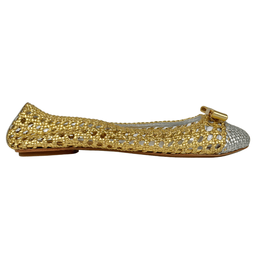 TORY BURCH Metallic Gold/silver Carlyle Woven Leather Bow Logo Ballet Flat Shoes UK 8
