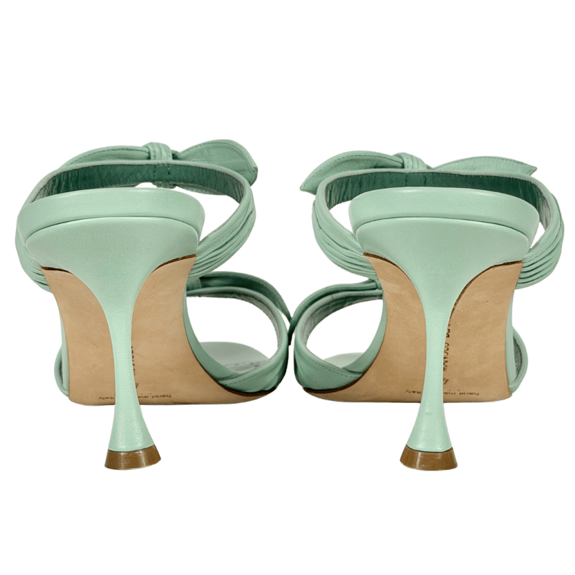 MANOLO BLAHNIK Mint Green Leather Lollo 70 Knot Mule Heels UK 7 EU 40