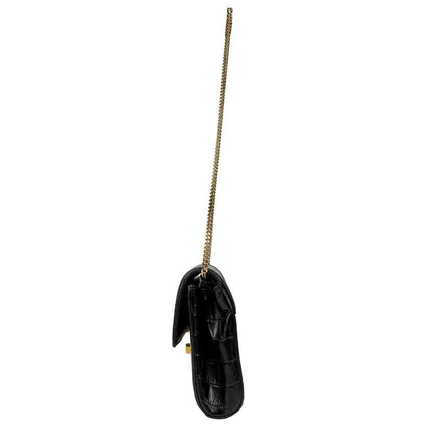 DEMELLIER Paris Clutch in black croc-effect leather with gold chain strap