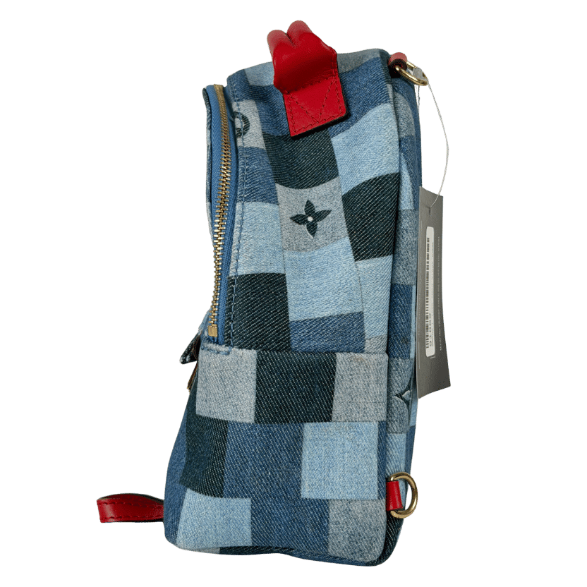 LOUIS VUITTON Denim Damier Monogram Patchwork Palm Springs Backpack Mini Blue Rouge - RARE
