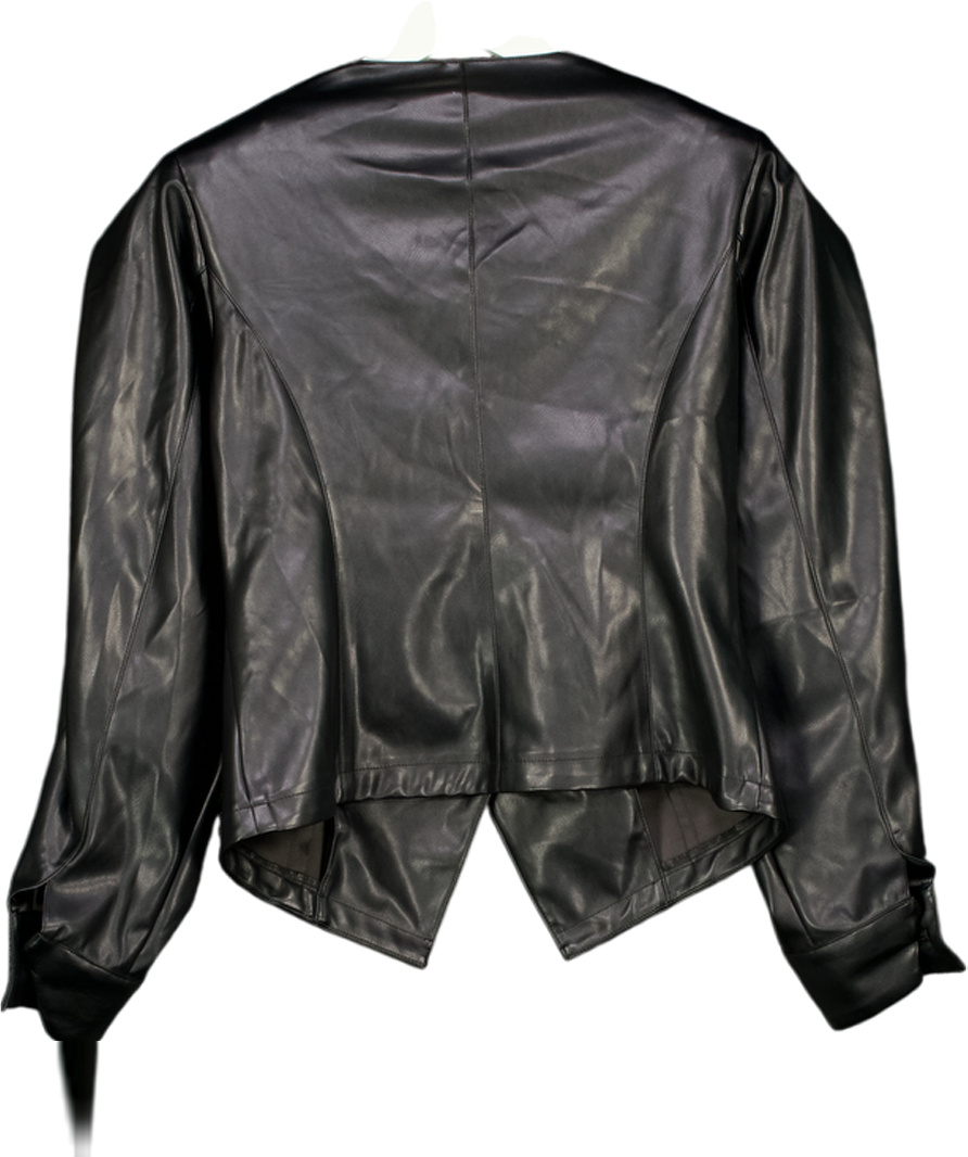 RIVER ISLAND Black Faux Leather Collarless Fitted Shirt UK 6