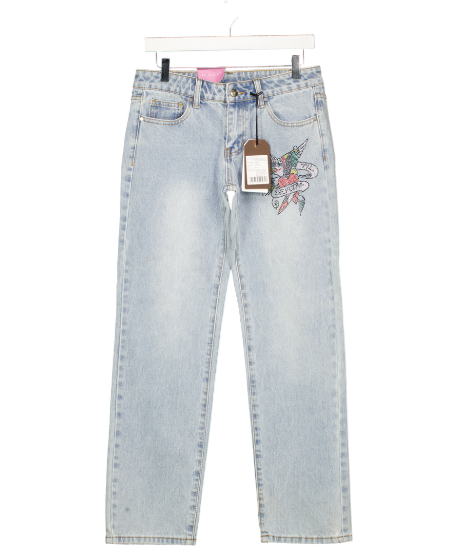 ED HARDY Blue True Death Diamante Straight Denim Trousers Jeans - Bleach W30