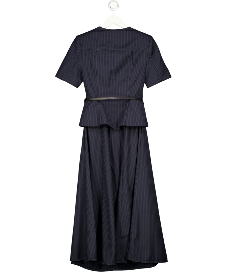 KAREN MILLEN Navy Blue Pinstripe Belted Midi Dress Silver Buttons UK 6