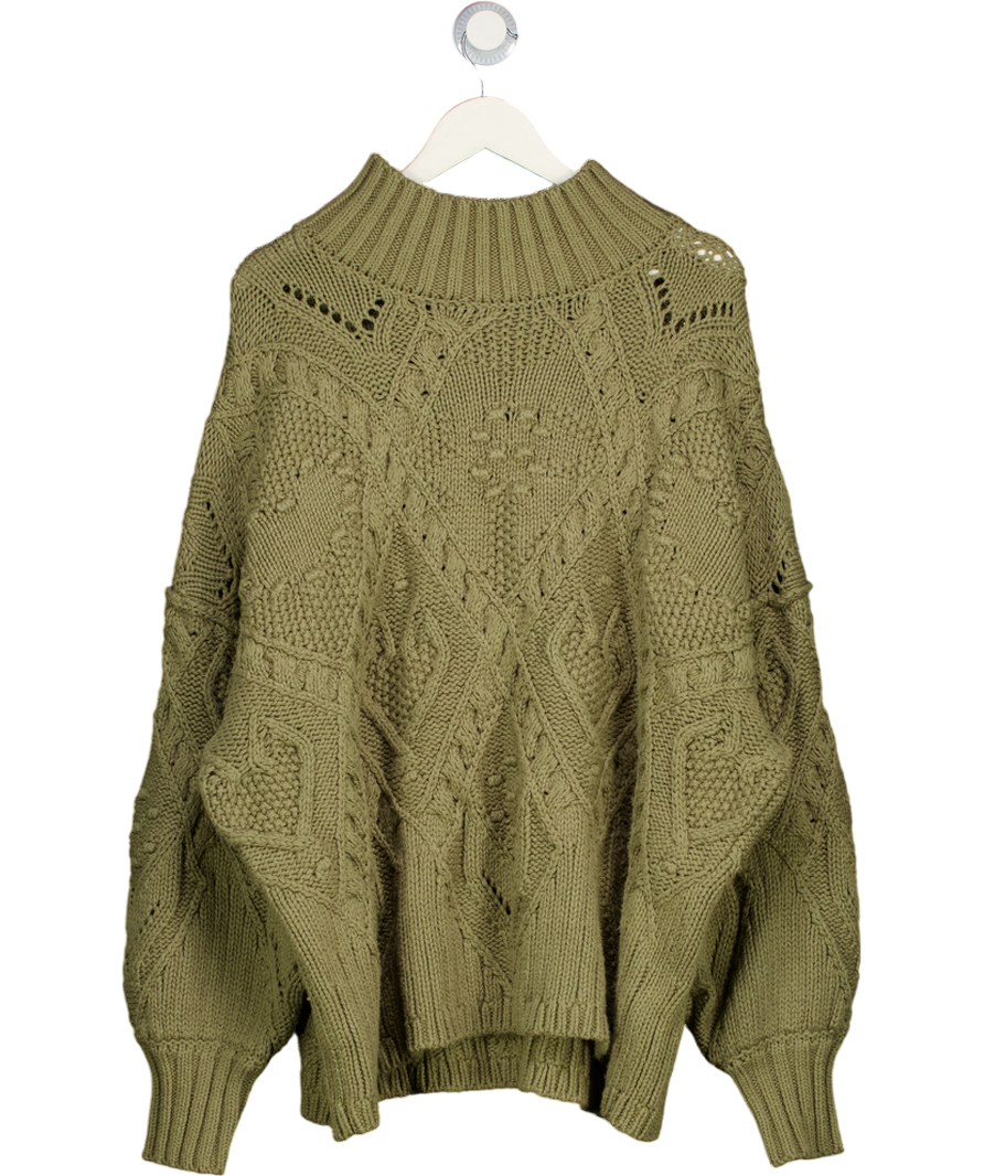 FREE PEOPLE Soft Knit Olive Green 100% Cotton Heart You Pullover UK S