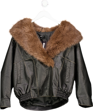 ASOS Black Leather Shawl Collar Faux Fur Collar Bomber Jacket UK S