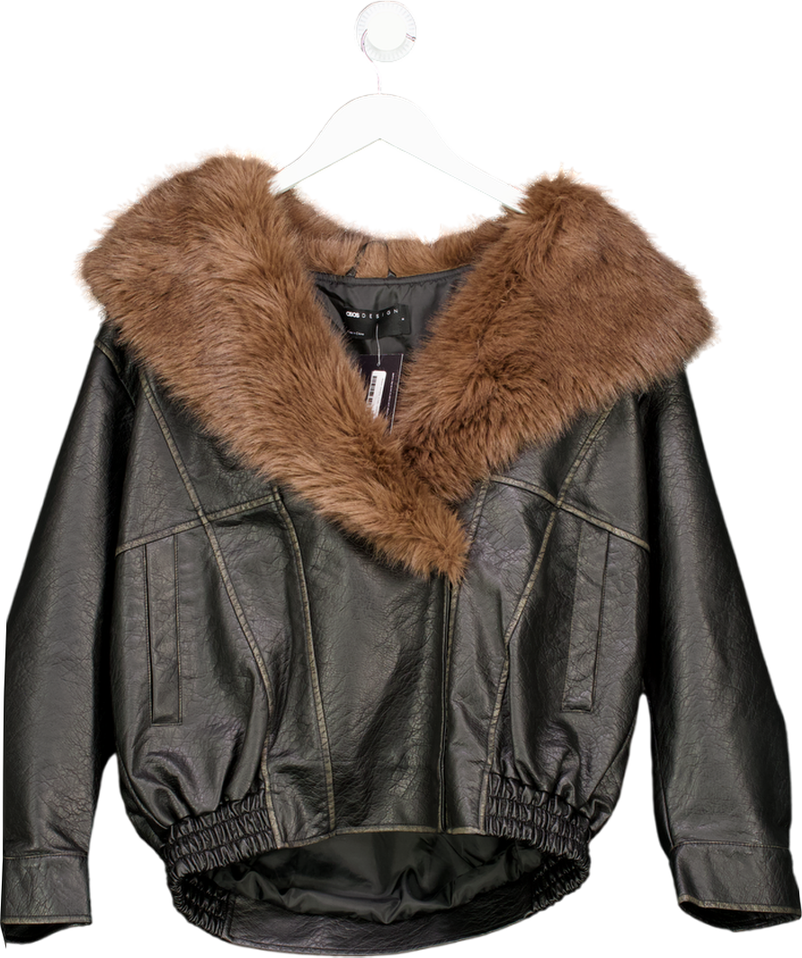 ASOS Black Leather Shawl Collar Faux Fur Collar Bomber Jacket UK S