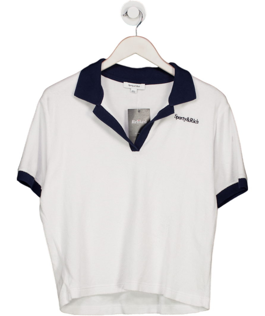 Sporty & Rich White / Navy Terry Brand-embroidered Cotton Polo Shirt UK M