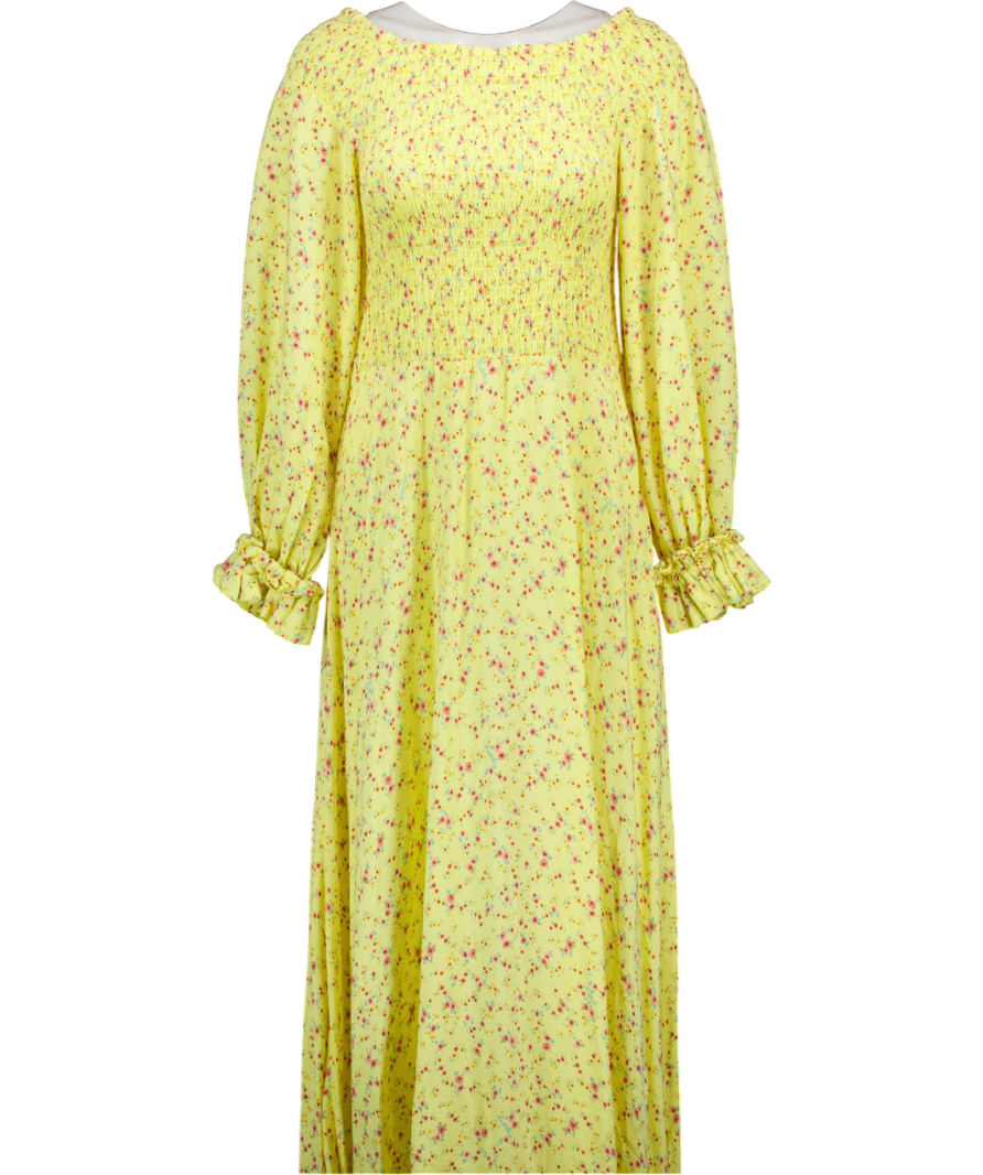 ROTATE BIRGER CHRISTENSEN Lemon Yellow Ditsy Floral Shirred On/ Off Th Reliked ROTATE BIRGER CHRISTENSEN Lemon Yellow Ditsy Floral Shirred On/ Off Th Reliked