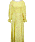 ROTATE BIRGER CHRISTENSEN Lemon Yellow Ditsy Floral Shirred On/ Off The Shoulder Viscose Maxi Dress UK 12