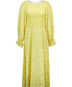 ROTATE BIRGER CHRISTENSEN Lemon Yellow Ditsy Floral Shirred On/ Off The Shoulder Viscose Maxi Dress UK 12