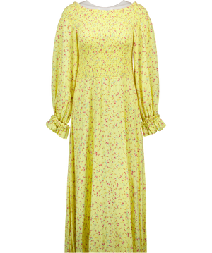 ROTATE BIRGER CHRISTENSEN Lemon Yellow Ditsy Floral Shirred On/ Off The Shoulder Viscose Maxi Dress UK 12