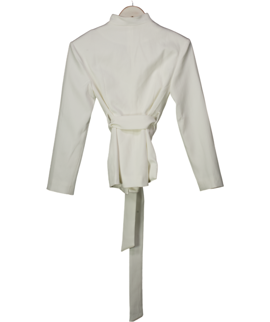 commense White Stand Collar Belted Long Sleeve Blazer UK S