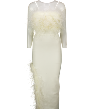 KAREN MILLEN Cream Figure Form Bandage Feather Detail Bandeau Knit Midi Dress UK XS