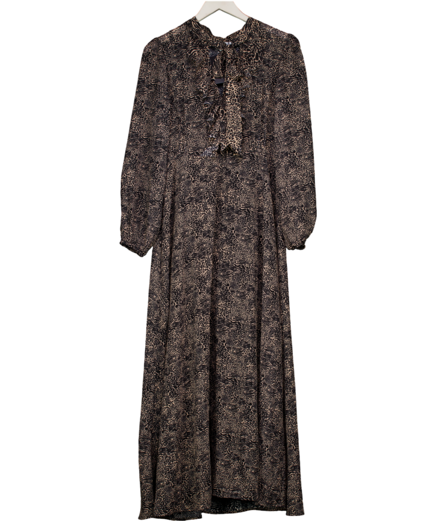 Lily & Lionel Ruffle Neck Leopard Print Maxi Dress In Brown UK 10