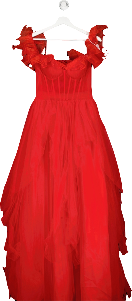 SHEIN Red Fishbone Bodice Layered Tulle Evening Gown UK S