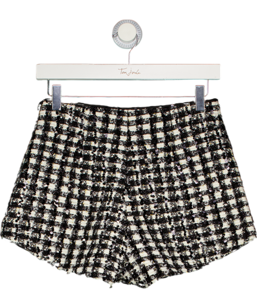 NADINE MERABI Black / Ivory Tweed Eve Check Micro Shorts UK 8