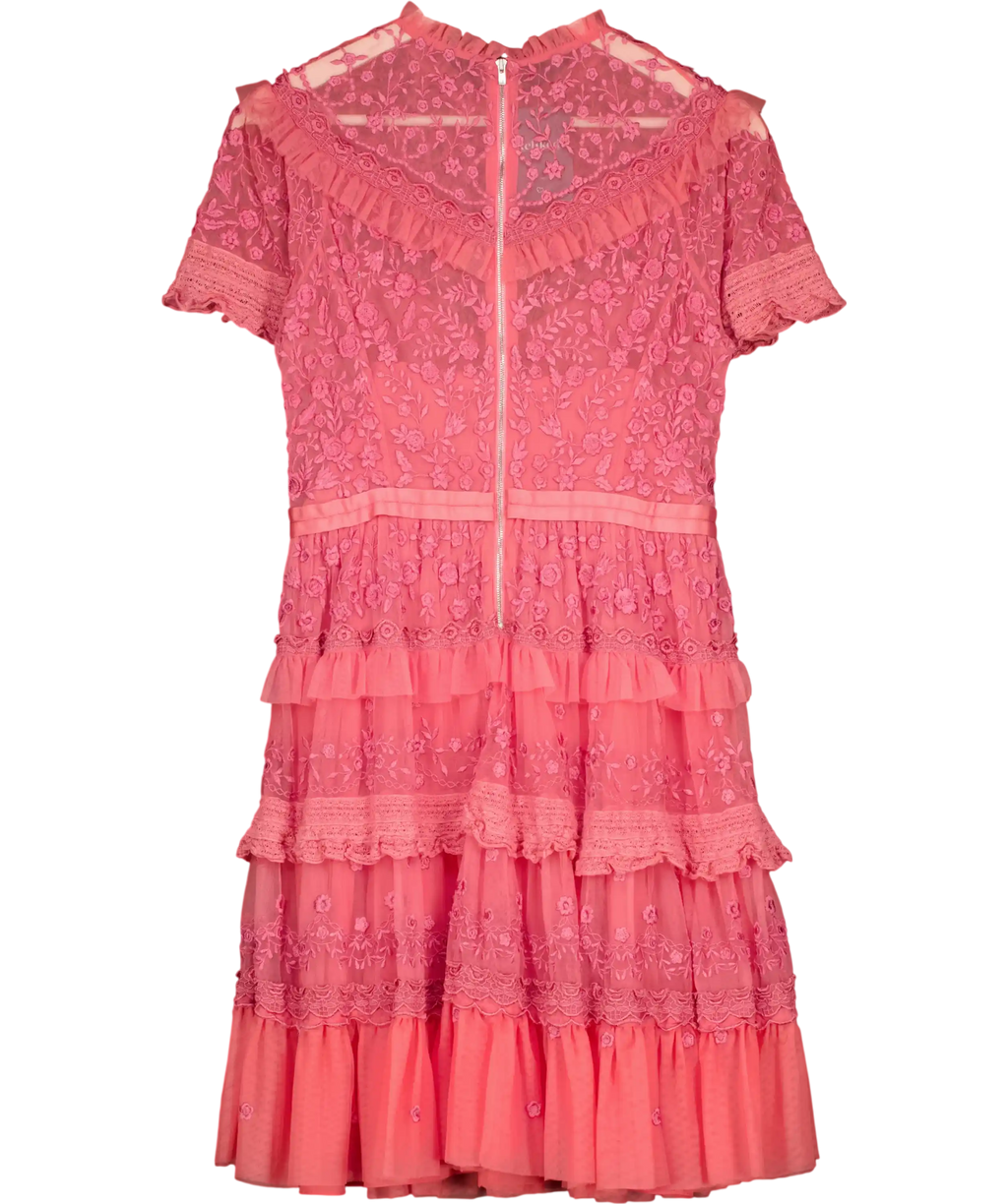 Needle & Thread Pink Iris Ruffled Embroidered Tulle Mini Dress UK 10