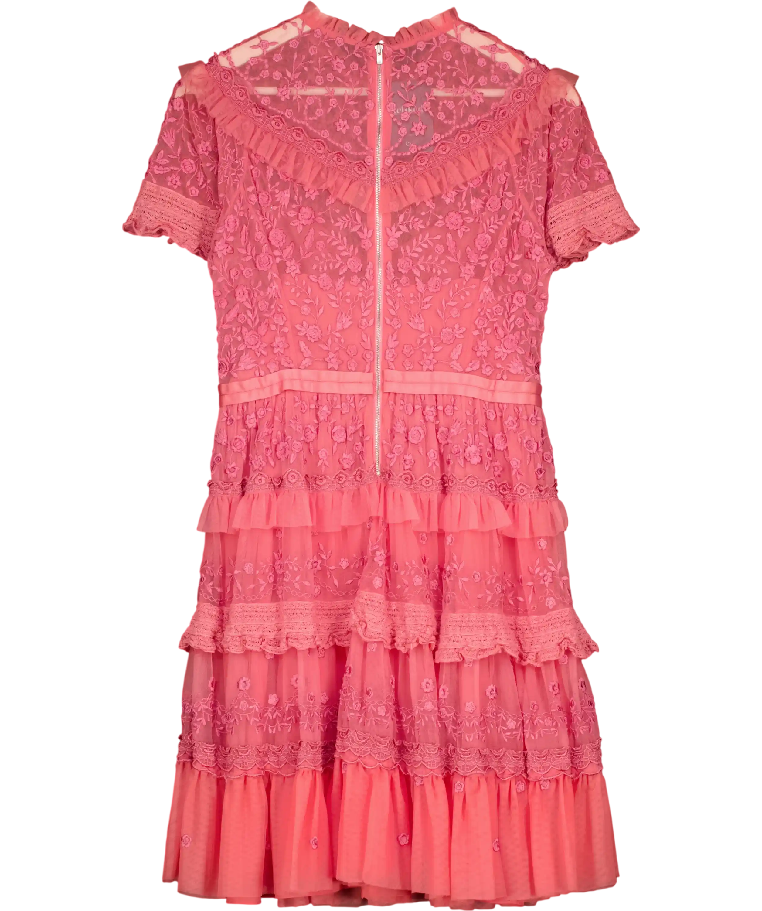 Needle & Thread Pink Iris Ruffled Embroidered Tulle Mini Dress UK 10