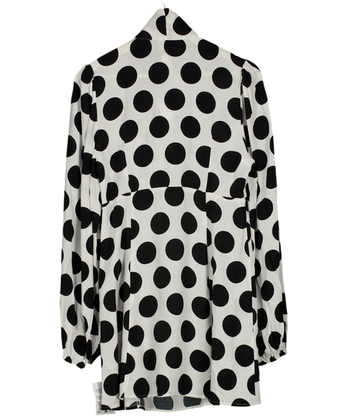 ASOS White Black Large Polka Dot Tie Neck Long Sleeve Mini Dress UK 12