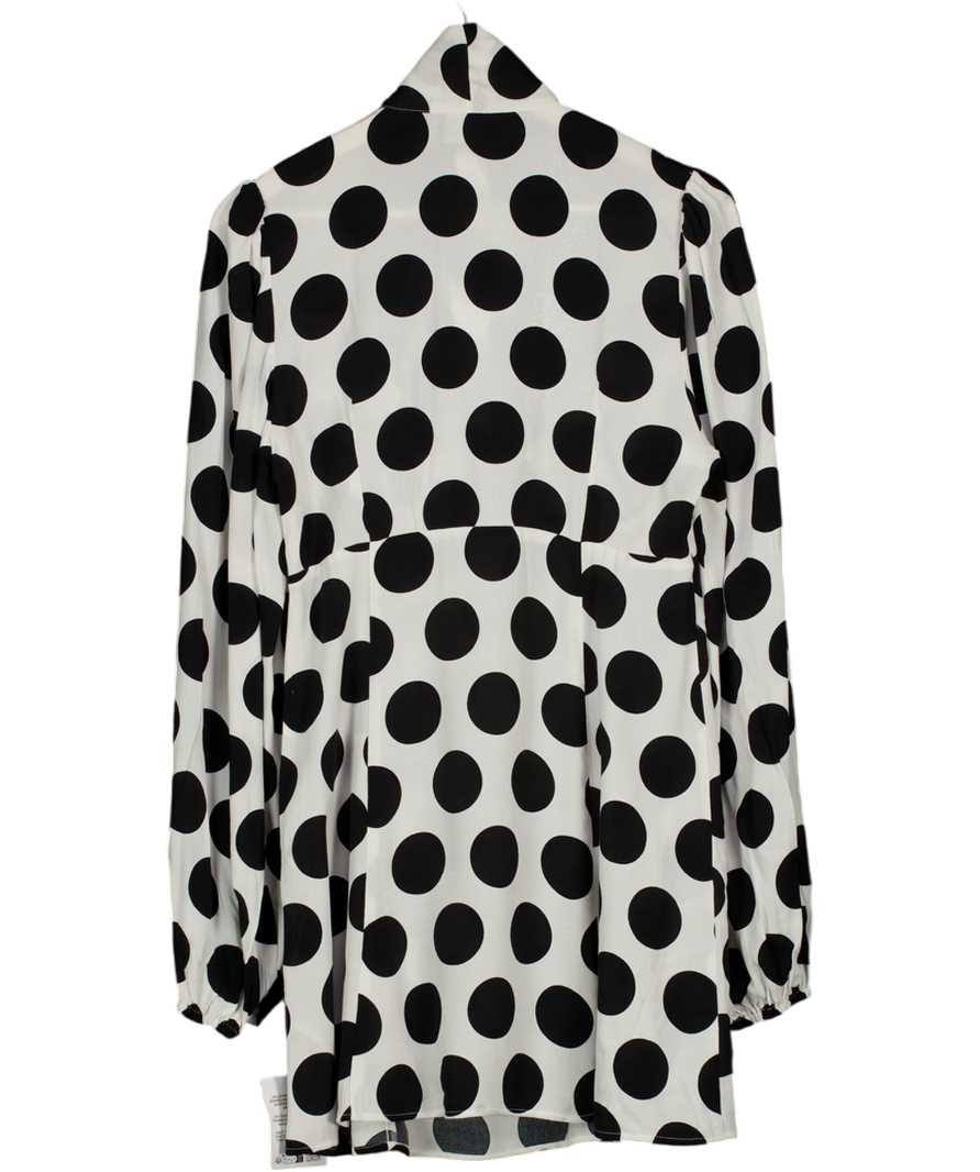 ASOS White Black Large Polka Dot Tie Neck Long Sleeve Mini Dress UK 12