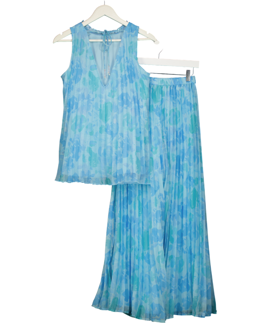 River Island Ltd. Edition Blue Floral Plisse Midi Skirt & Top Set UK 8