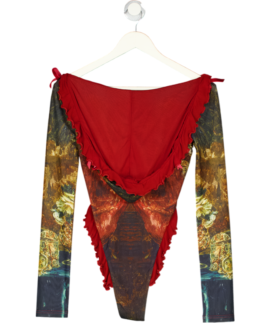 MICHICAT Burgundy Red Graphic Print Bodysuit UK M