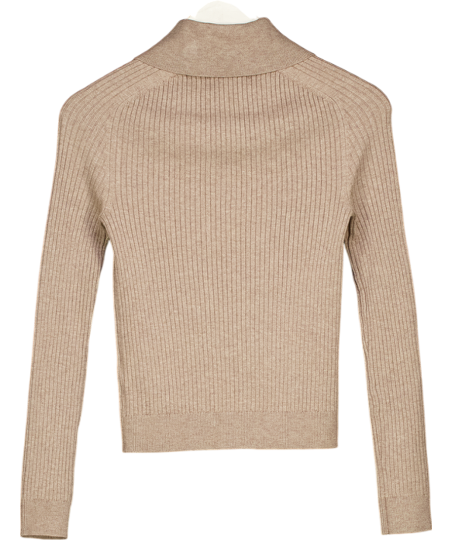 M&S Beige Ribbed Collared Slim Fit Knitted Top UK XS