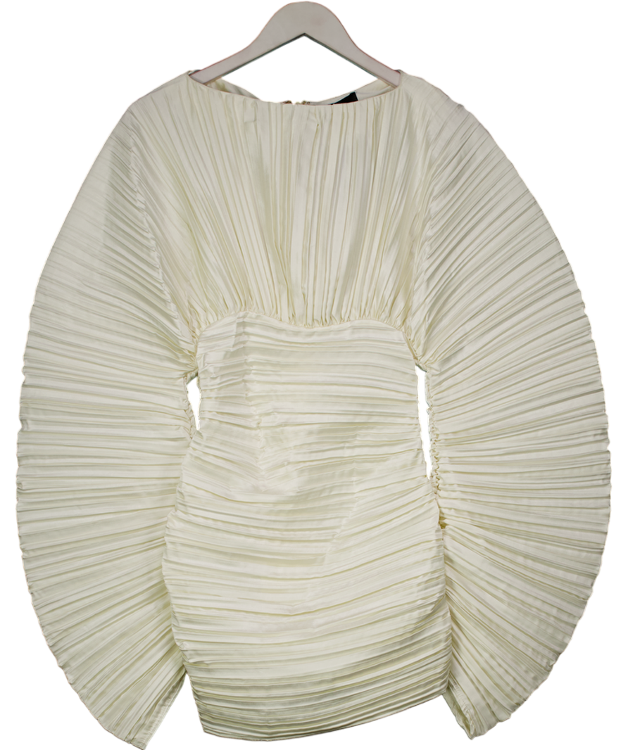 PrettyLittleThing Cream Ivory Plisse Satin Batwing Long Sleeve Bodycon Dress UK 6
