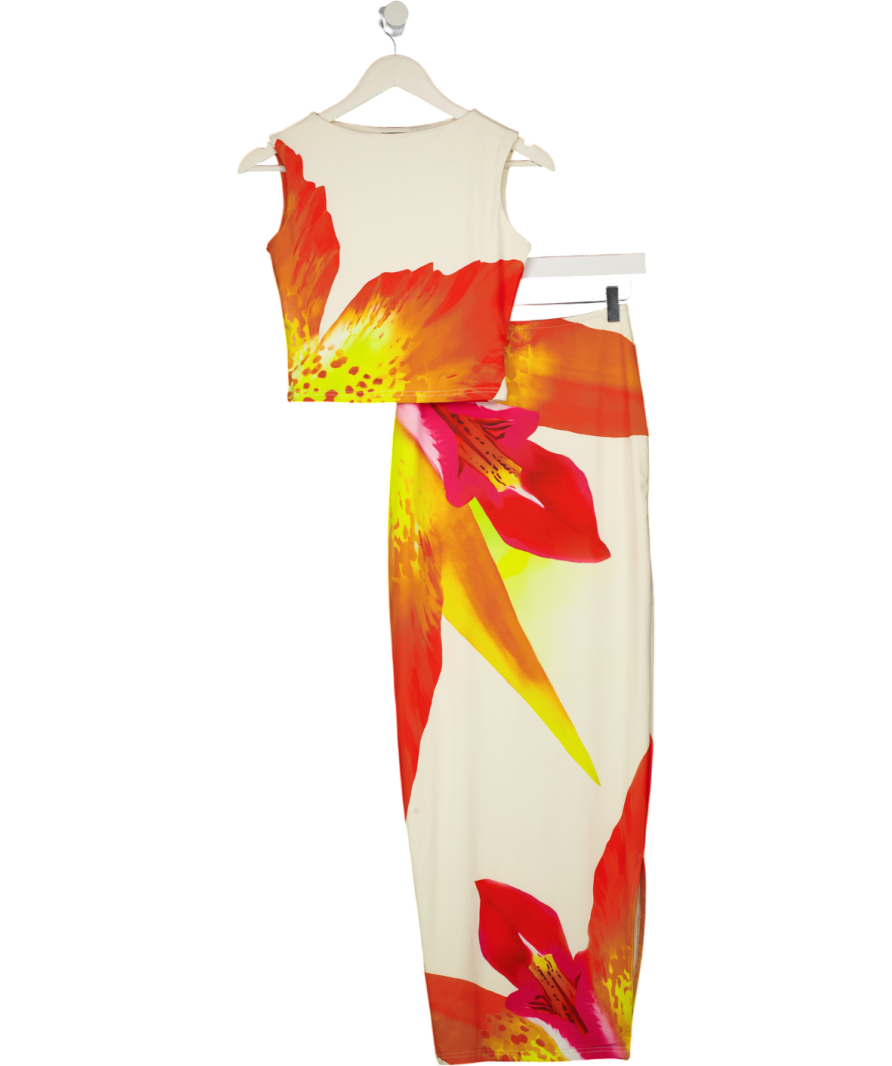 MURCI 2-piece Cream Floral Placement Premium Stretch Jersey Santan Top (uk 8) & Skirt Set UK 6