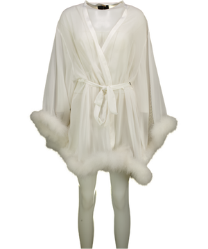 MESHKI Clara White Mesh Feather Trim Robe UK XS/S